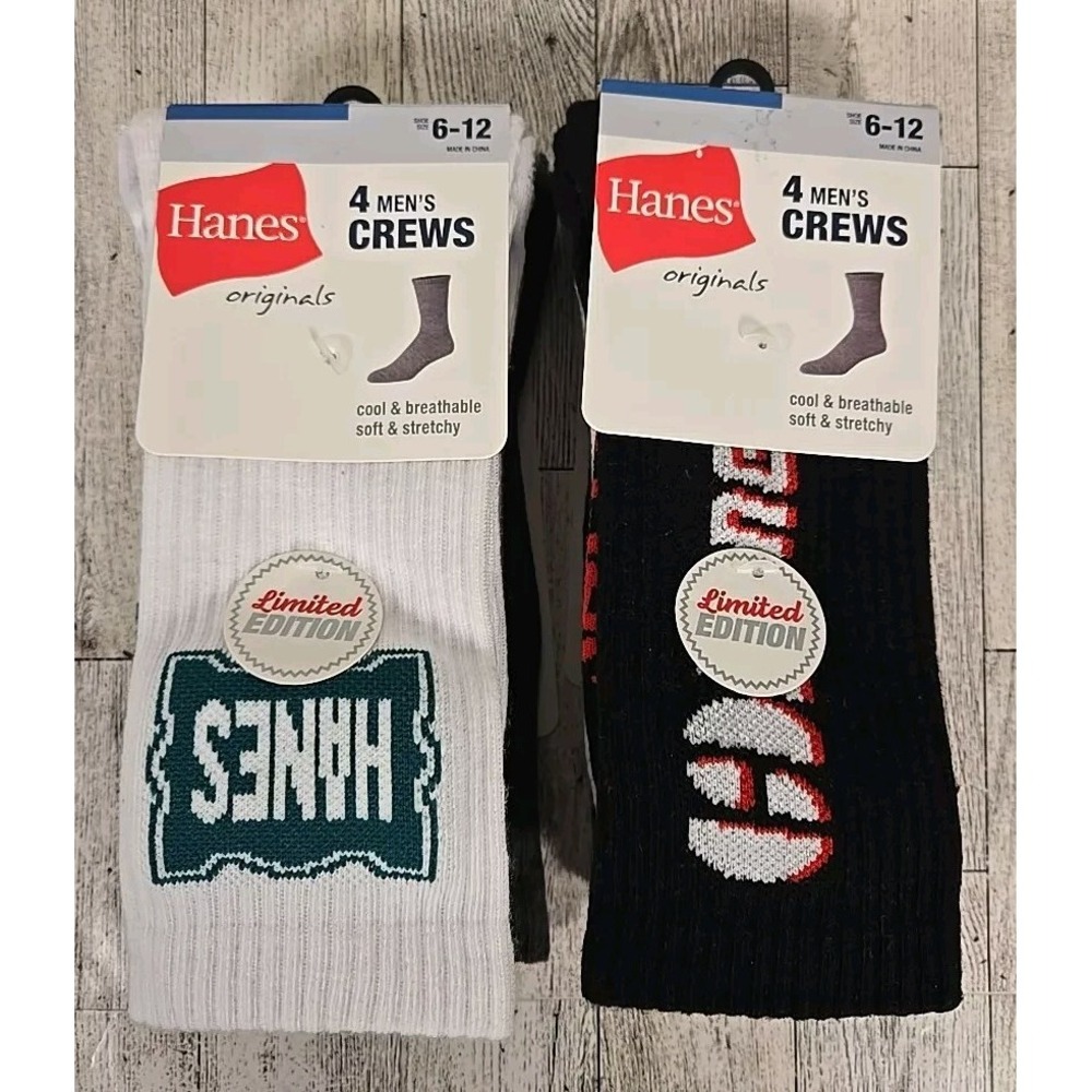 Hanes Socks Crew Mens 4pk Shoe Size 6-12 Lot of 2 Soft Stretchy Black White Gray